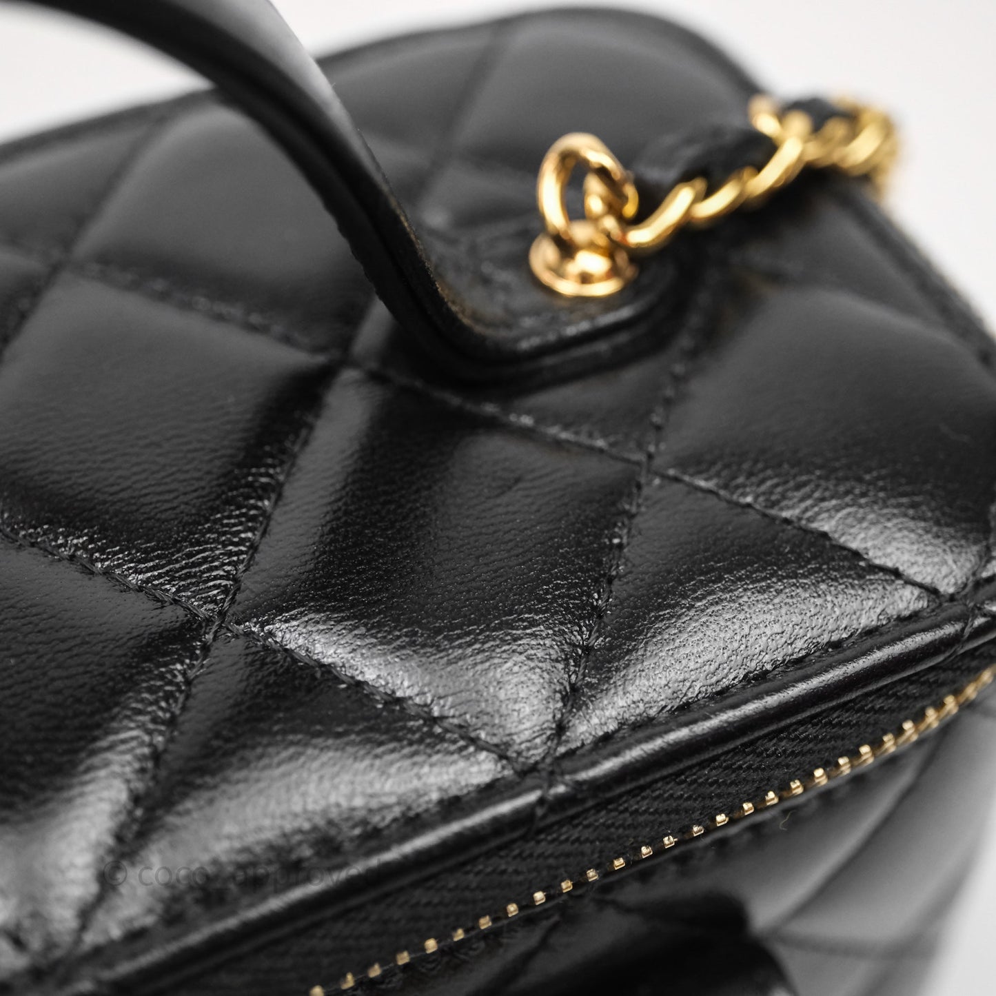 Chanel Quilted Top Handle Pocket Vanity Case Black Shiny Lambskin Bag Gold Hardware