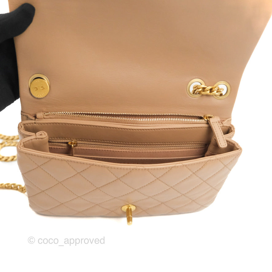 Chanel Flap Bag with Adjustable Strap Beige Lambskin Aged Gold Hardware 22K