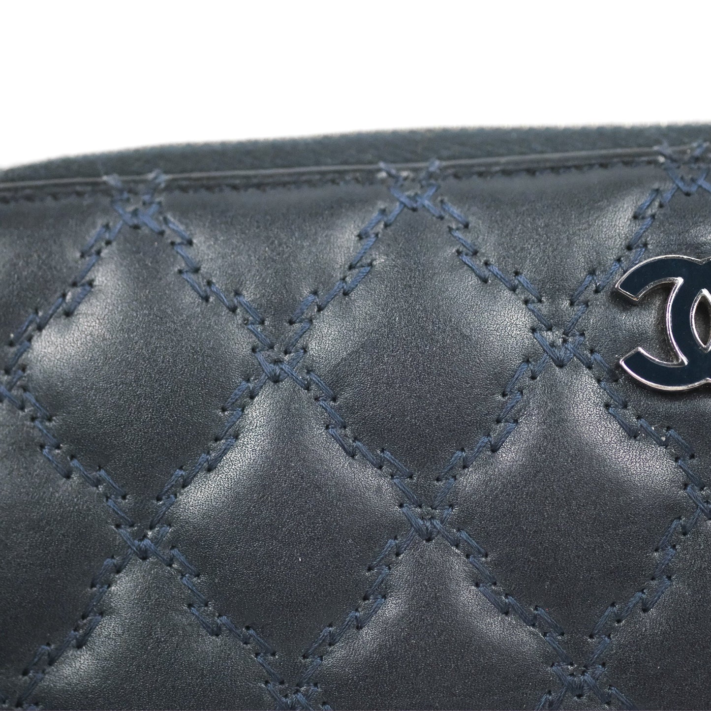 Chanel Quilted Zip Long Wallet Navy Lambskin Silver Hardware