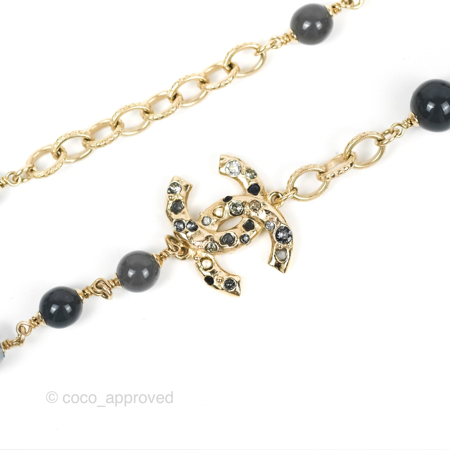 Chanel CC Pearl Gemstone Chain Long Necklace Gold Tone 16A