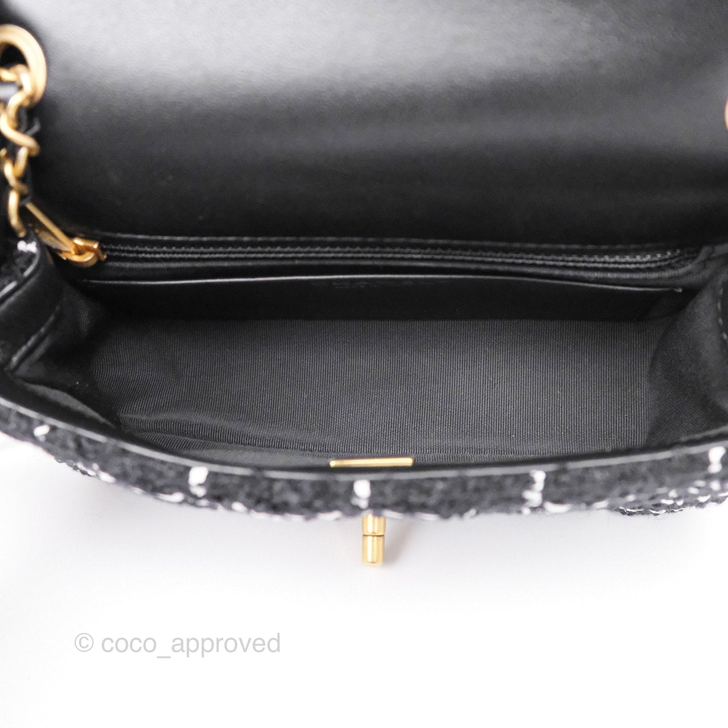 Chanel Pearl Crush Mini Rectangular Grid Black White Tweed Aged Gold Hardware
