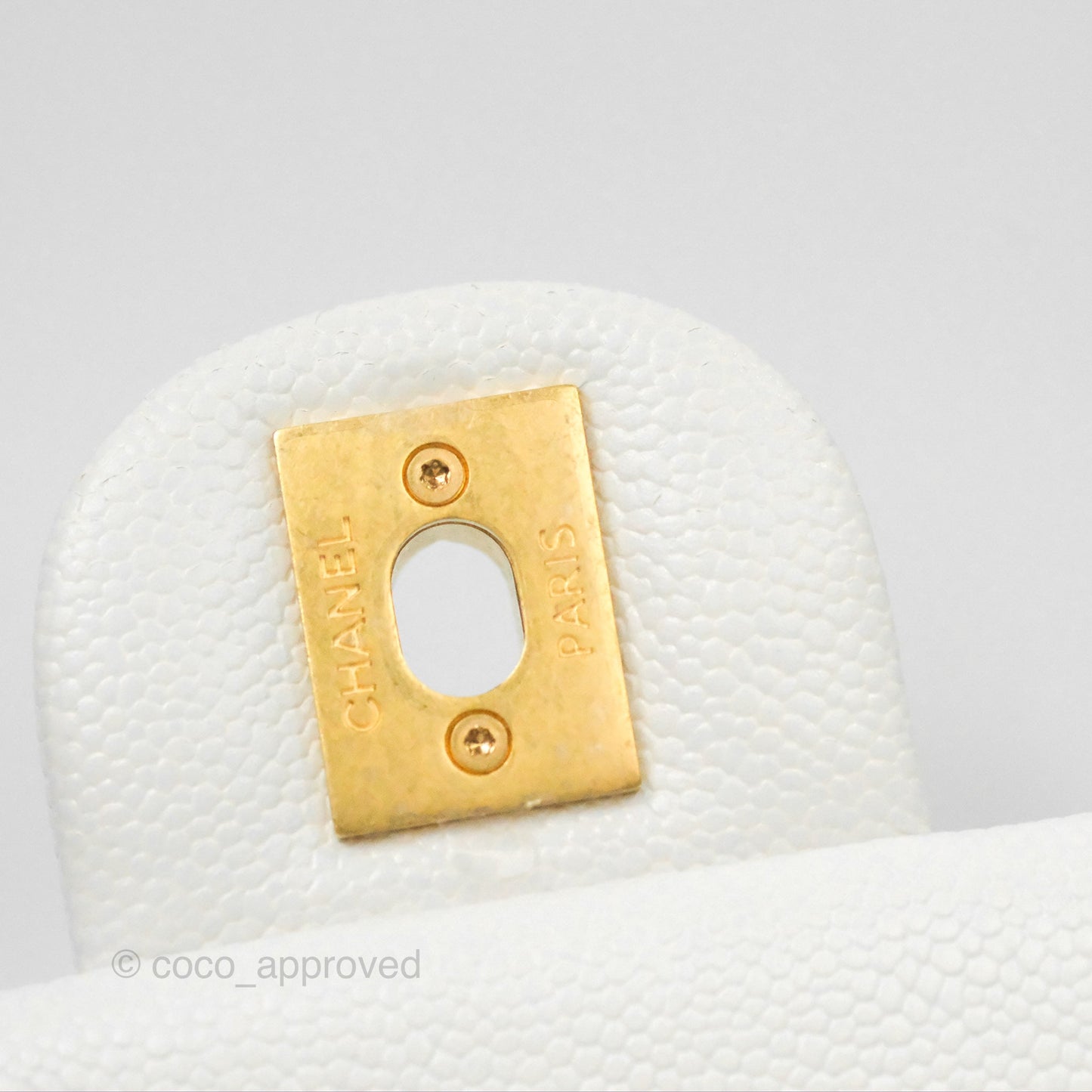 Chanel Large Flap Bag Heart Adjustable Chain White Caviar Aged Gold Hardware