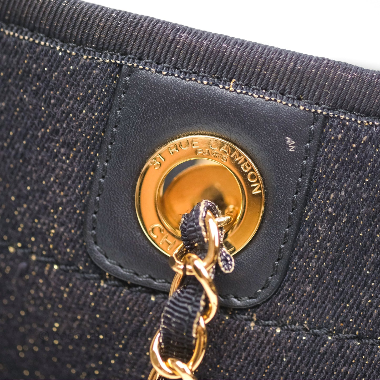 Chanel Medium Deauville Tote Navy Glitter Canvas Gold Hardware