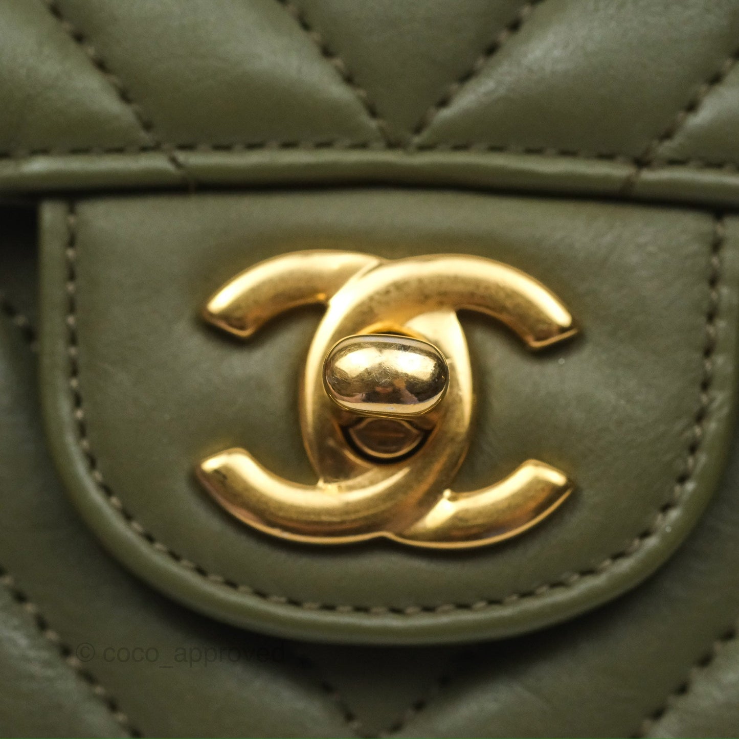 Chanel Mini Square Flap Chevron Olive Green Calfskin Gold Hardware