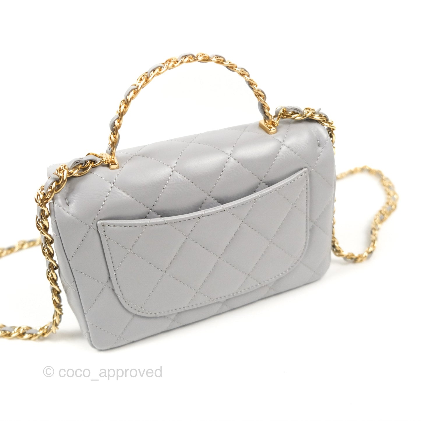 Chanel Top Handle Mini Flap Bag Light Grey Lambskin Gold Hardware 23S