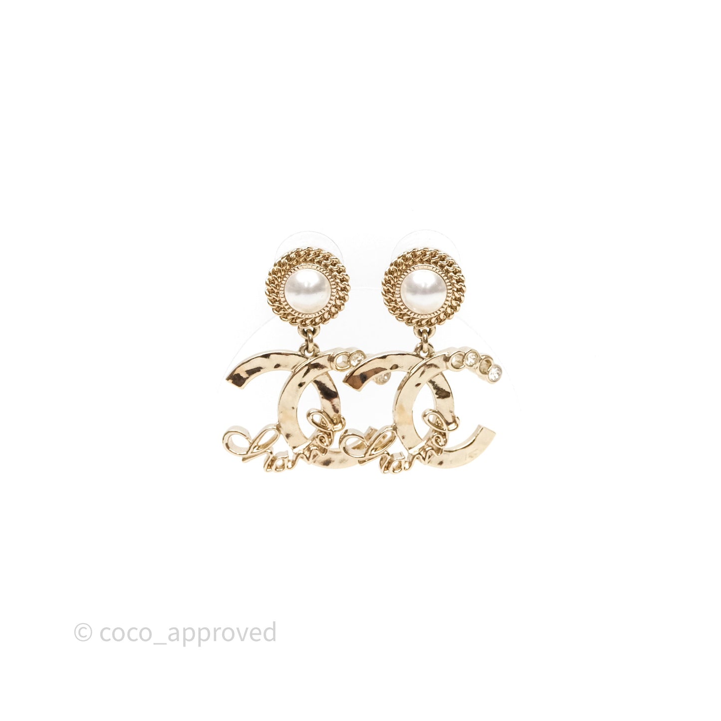 Chanel CC Coco Round Pearl Drop Earrings Gold Tone 22P
