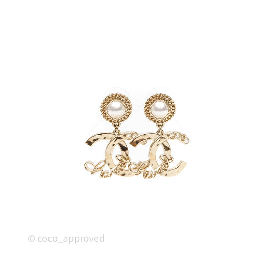 Chanel CC Coco Round Pearl Drop Earrings Gold Tone 22P