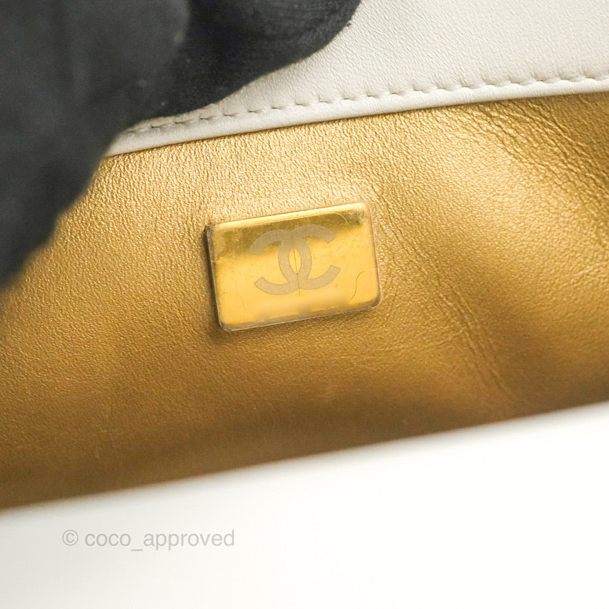 Chanel Mini Square Pearl Crush Quilted White Lambskin Aged Gold Hardware