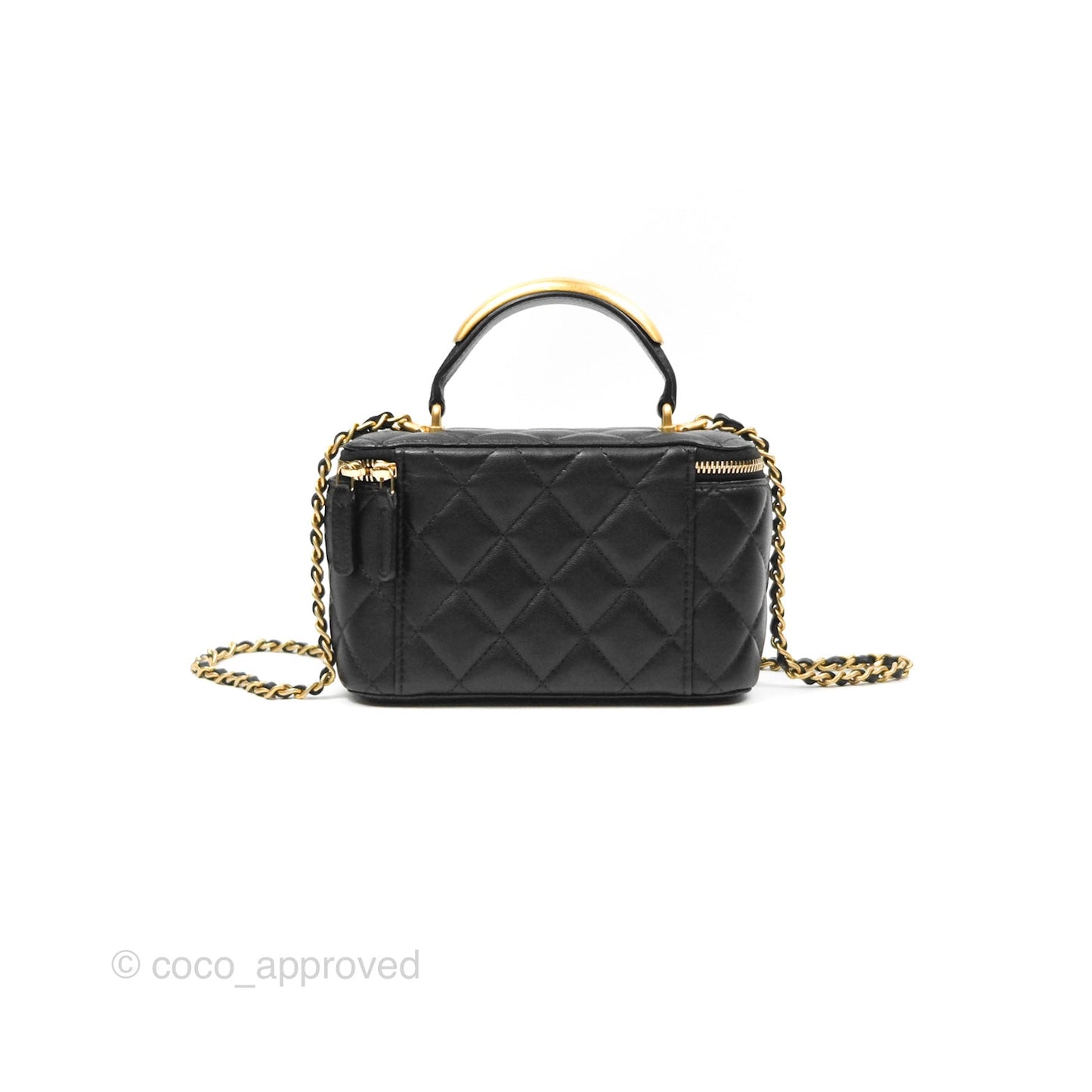 Chanel Vanity Rectangular Metal Top Handle Black Lambskin Aged Gold Hardware 22B