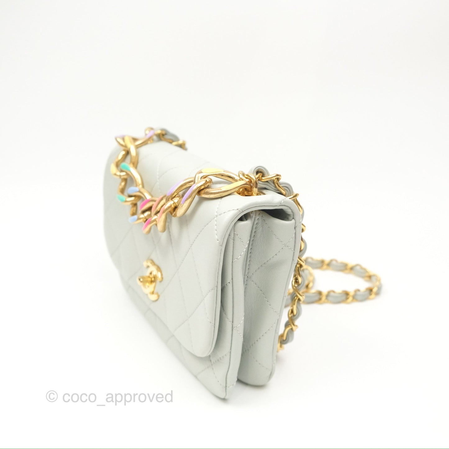 Chanel Chain Handle Flap Light Grey Calfskin Aged Gold Hardware