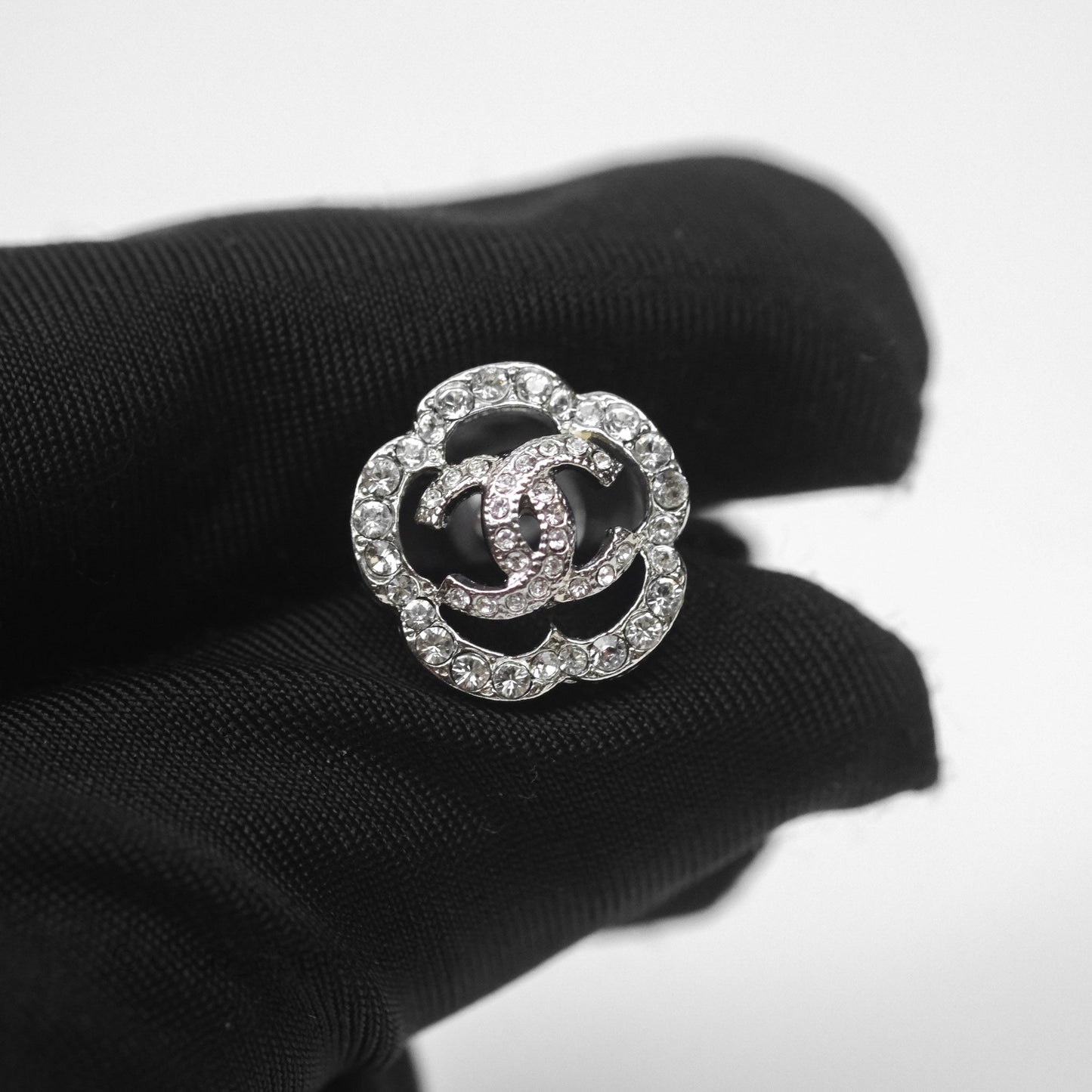 Chanel Crystal Flapper Camellia CC Earrings Silver Tone 20P