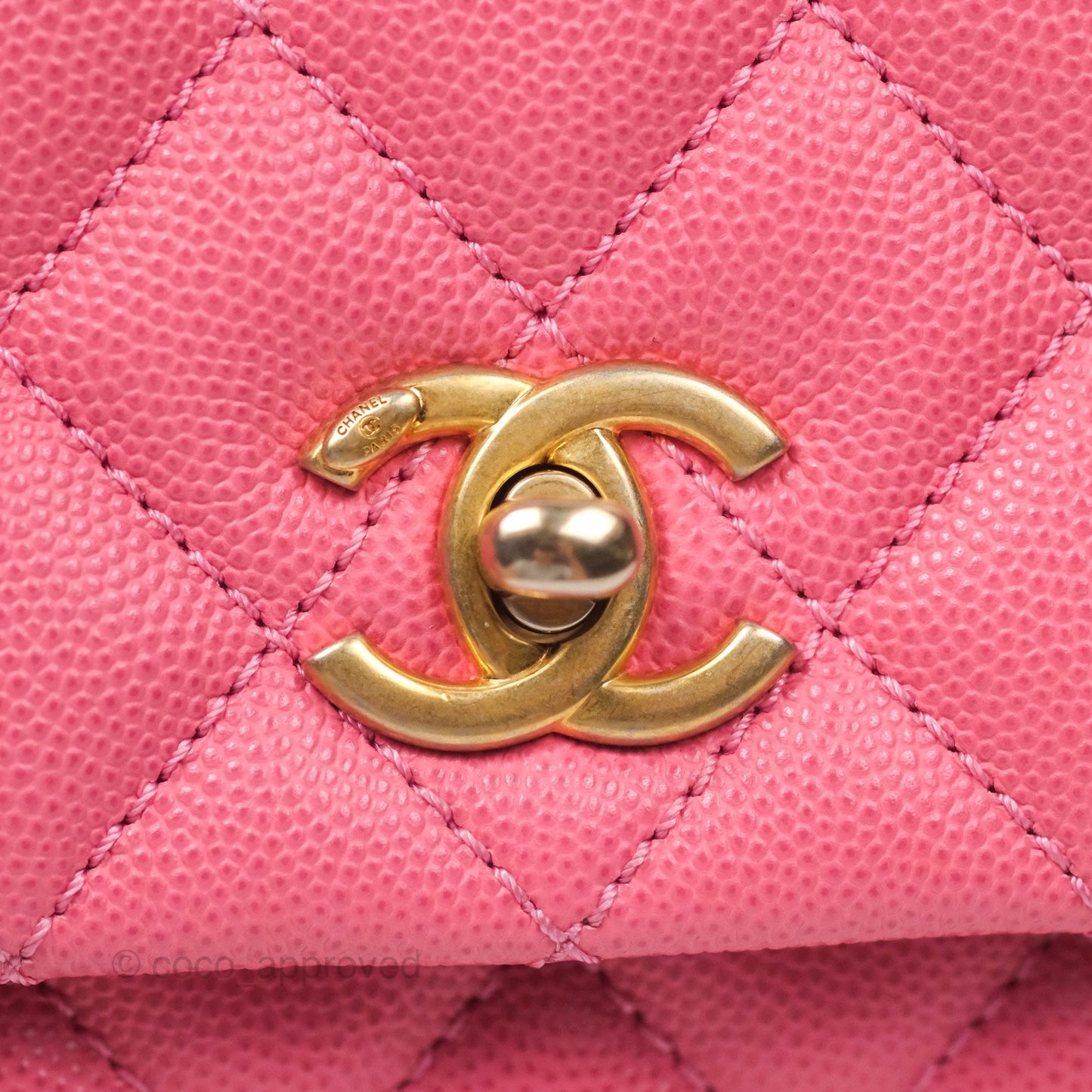 Chanel Small Coco Handle Quilted Pink Caviar Aged Gold Hardware Lizard Handle