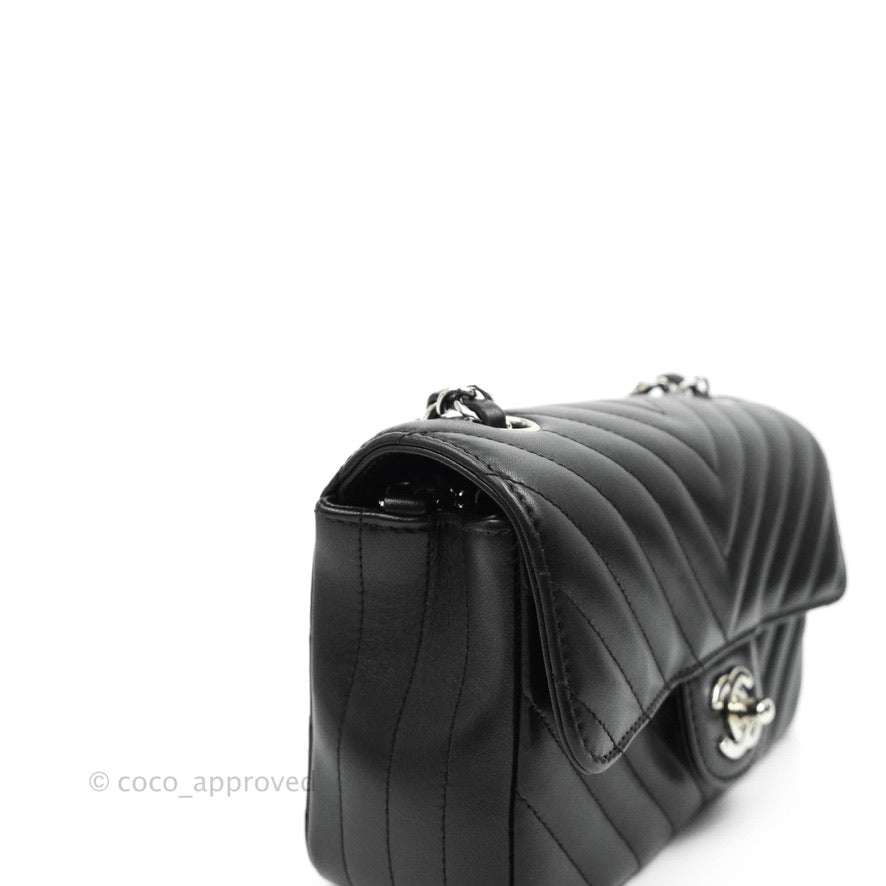 Chanel Chevron Mini Rectangular Flap Black Lambskin Silver Hardware