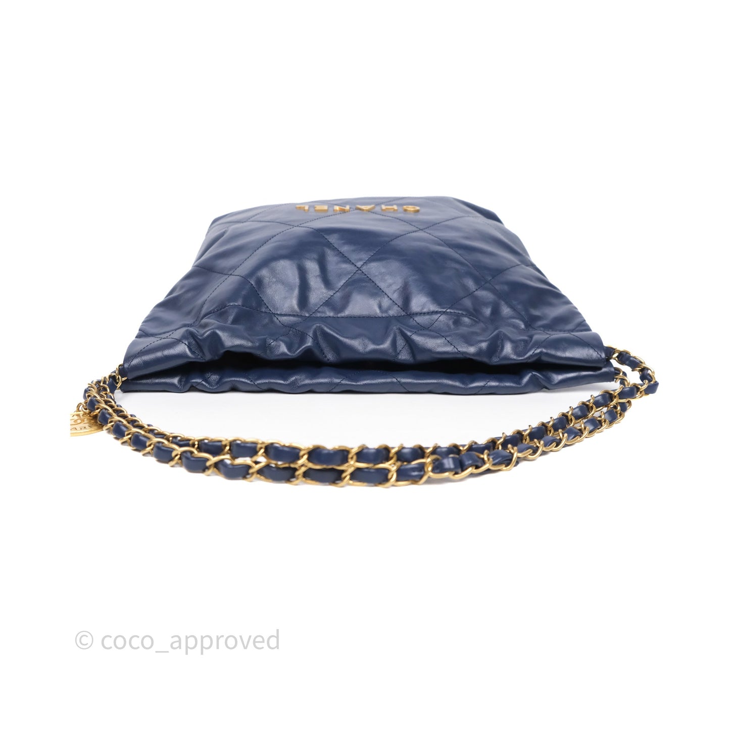 Chanel 22 Small Blue Shiny Calfskin Aged Gold Hardware