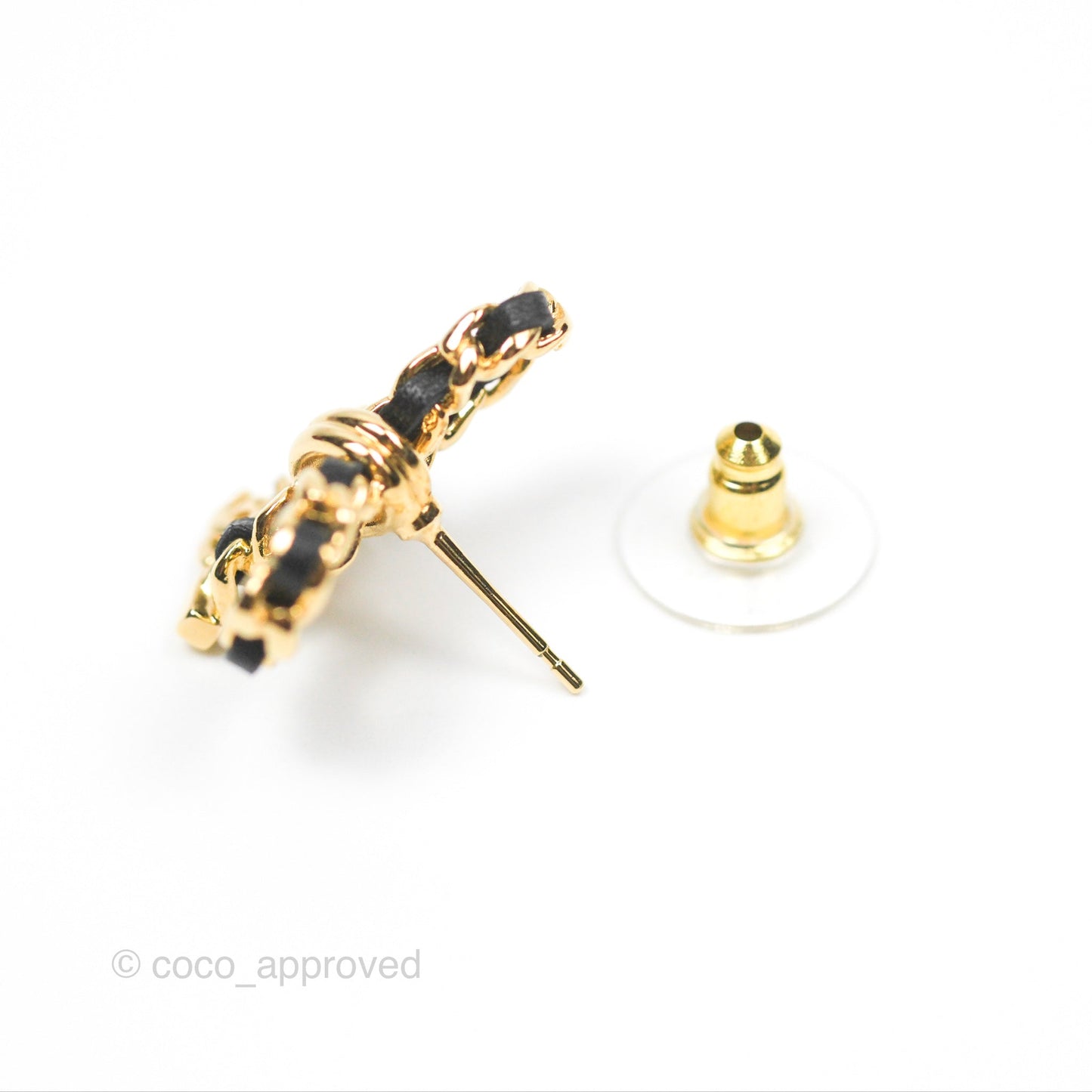 Chanel Lambskin Chain Bow Stud Earrings Black Gold 23V