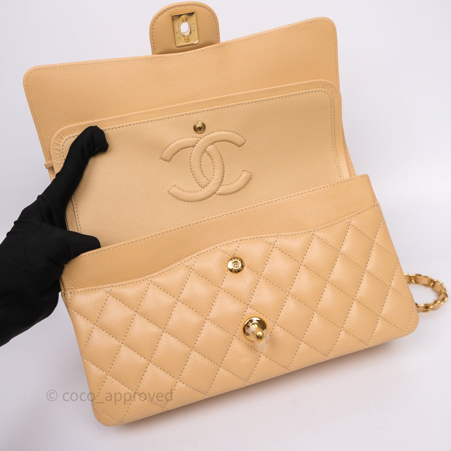 Chanel Classic M/L Medium Flap Quilted Beige Caviar Gold Hardware