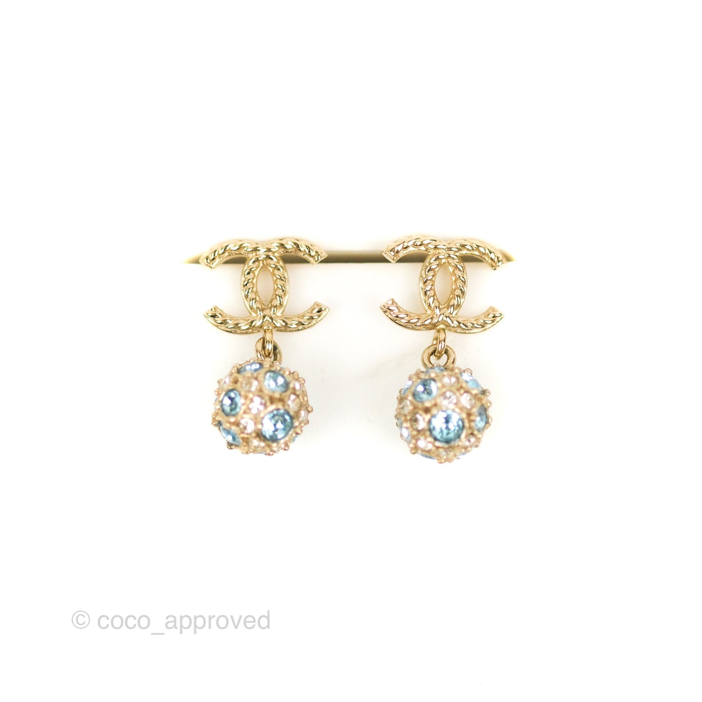 Chanel CC Blue Crystal Drop Earrings Gold Tone 20V