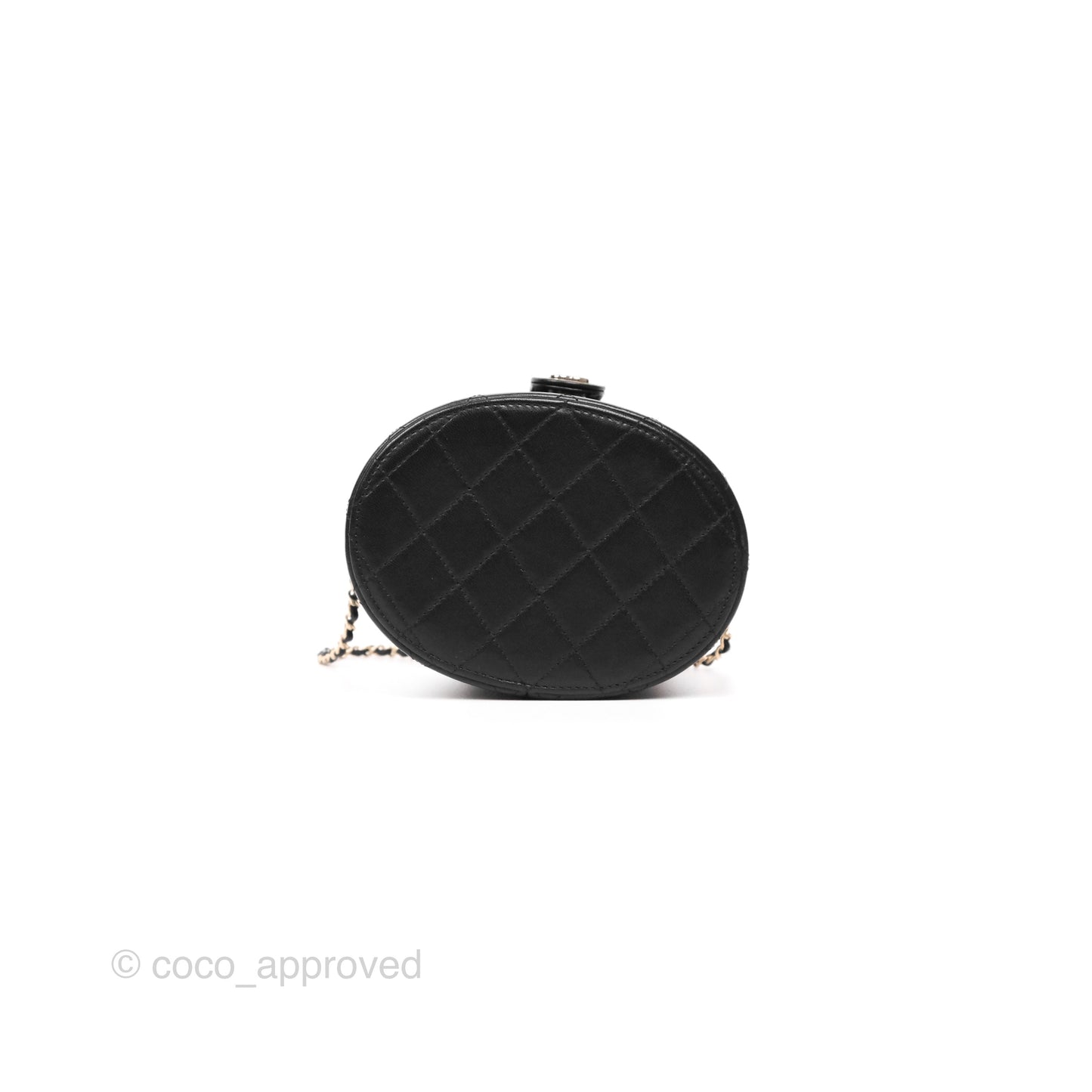 Chanel Quilted Round Vanity Clutch With Chain Black Lambskin Gold Hardware