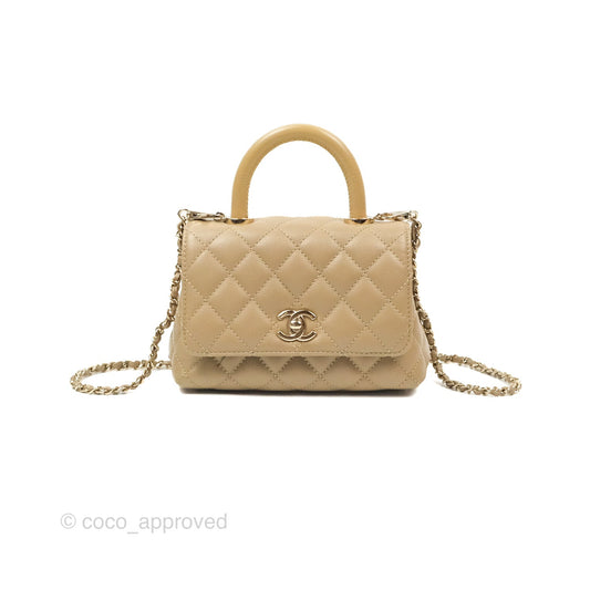 Chanel Mini Coco Handle Quilted Dark Beige Caviar Gold Hardware