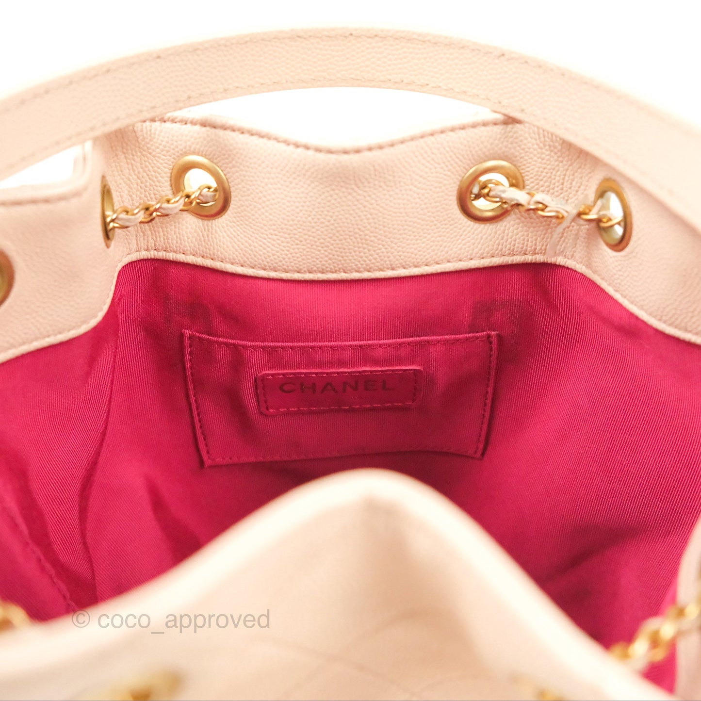 Chanel Quilted Top Handle Drawstring Bucket Bag Pink Caviar Aged Gold Hardware
