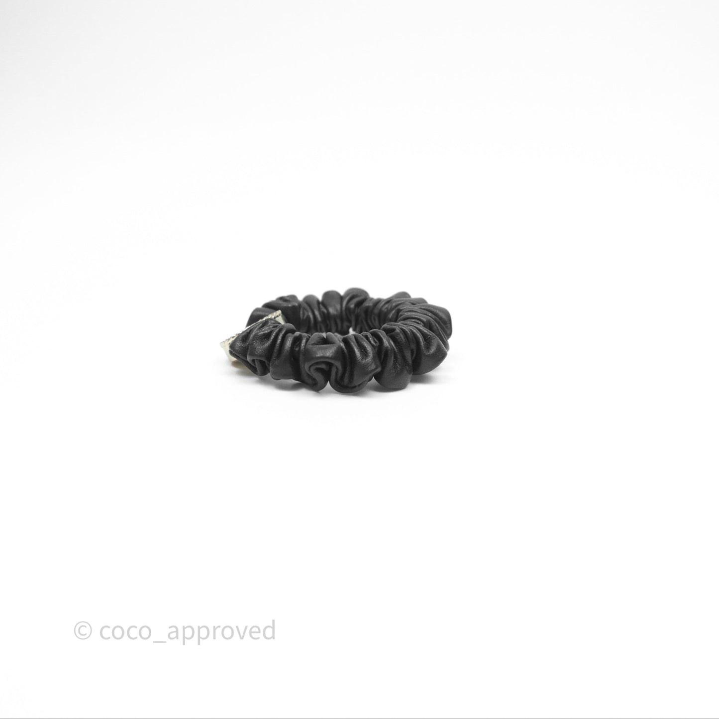 Chanel CC Black Leather Scrunchie Hair Accessory Gold Tone 22P