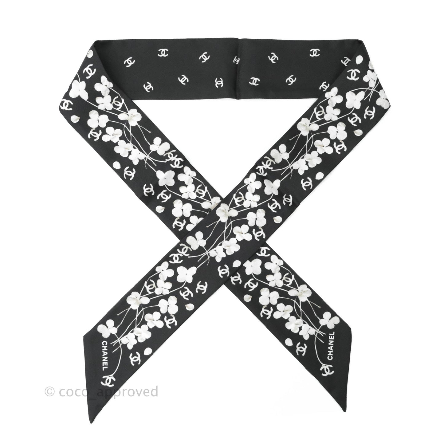 Chanel CC Flora Print Silk Twilly in Black White