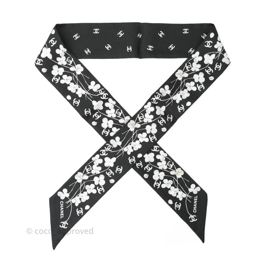Chanel CC Flora Print Silk Twilly in Black White
