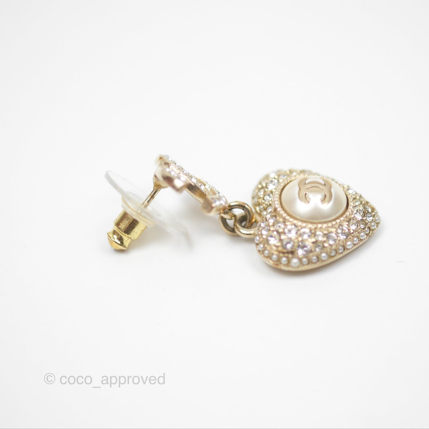 Chanel Crystal CC Pearl Heart Drop Earrings Gold Tone 23V