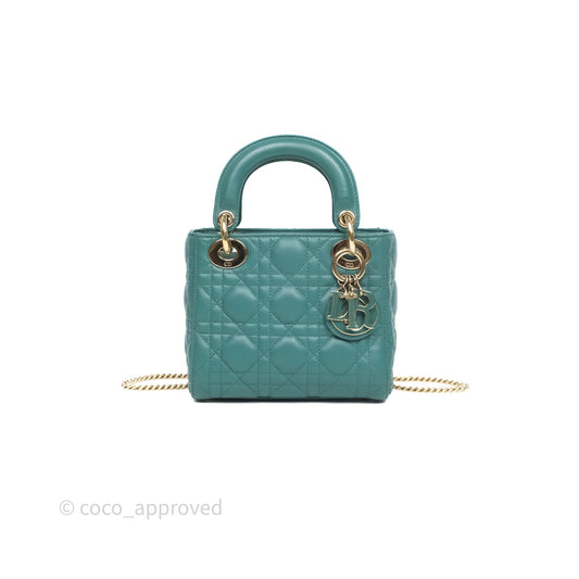 Christian Dior Mini Lady Dior Cannage Green Lambskin Gold Hardware