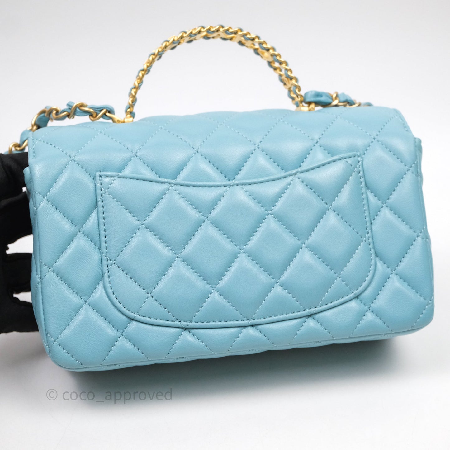 Chanel Flap Bag with Crystal Logo Top Handle Tiffany Blue Lambskin Aged Gold Hardware