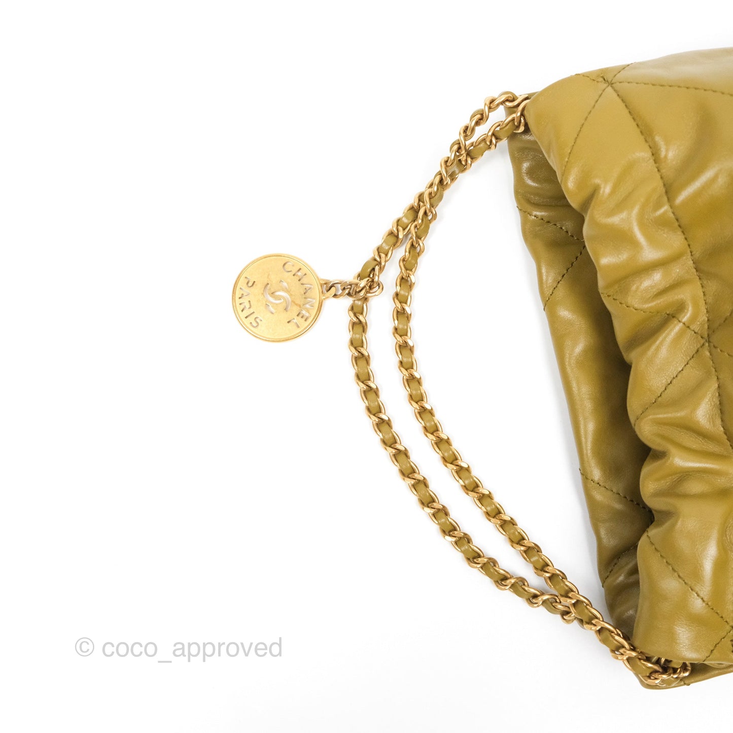 Chanel 22 Mini Bag Olive Shiny Crumpled Calfskin Aged Gold Hardware