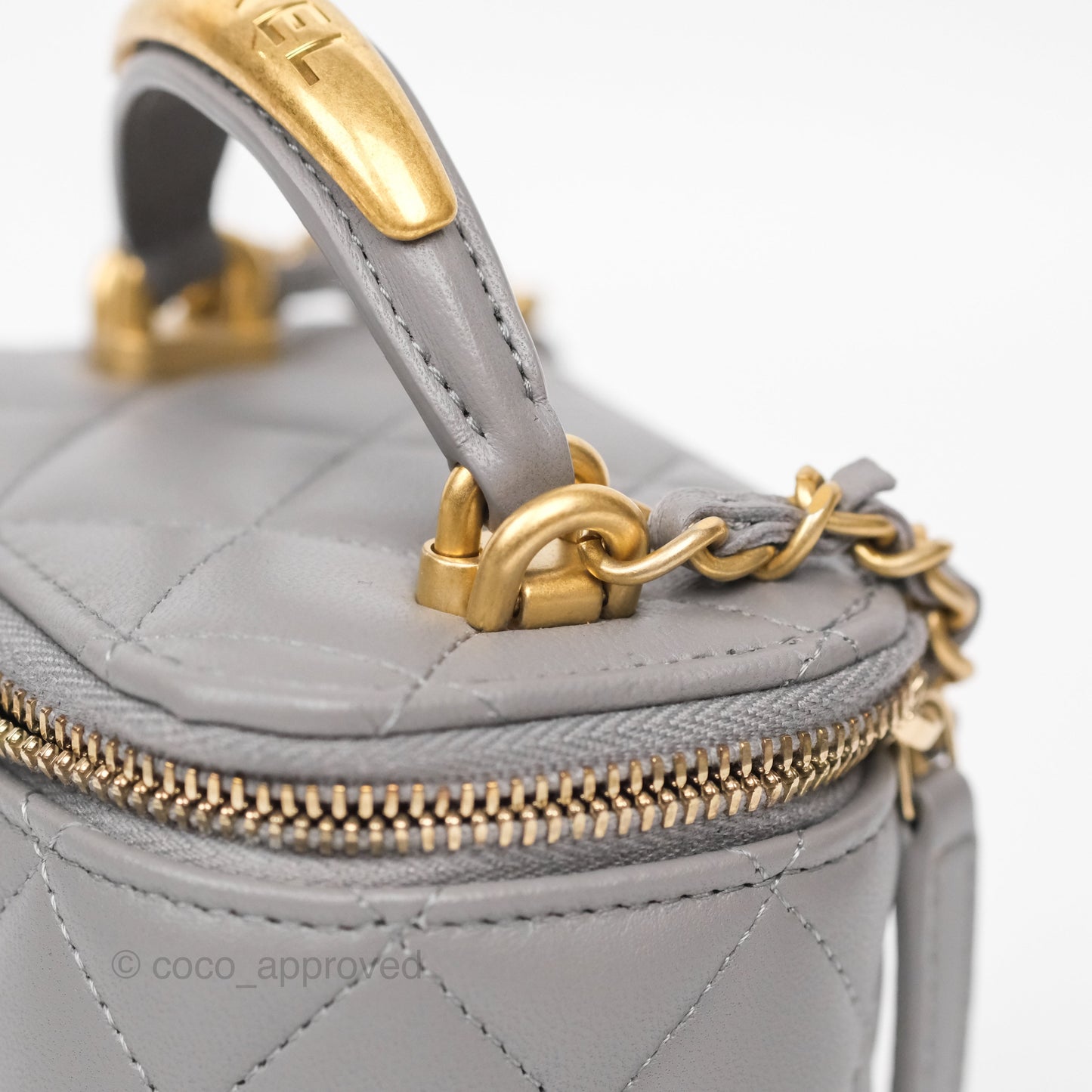 Chanel Mini Metal Top Handle Vanity With Chain Grey Lambskin Aged Gold Hardware