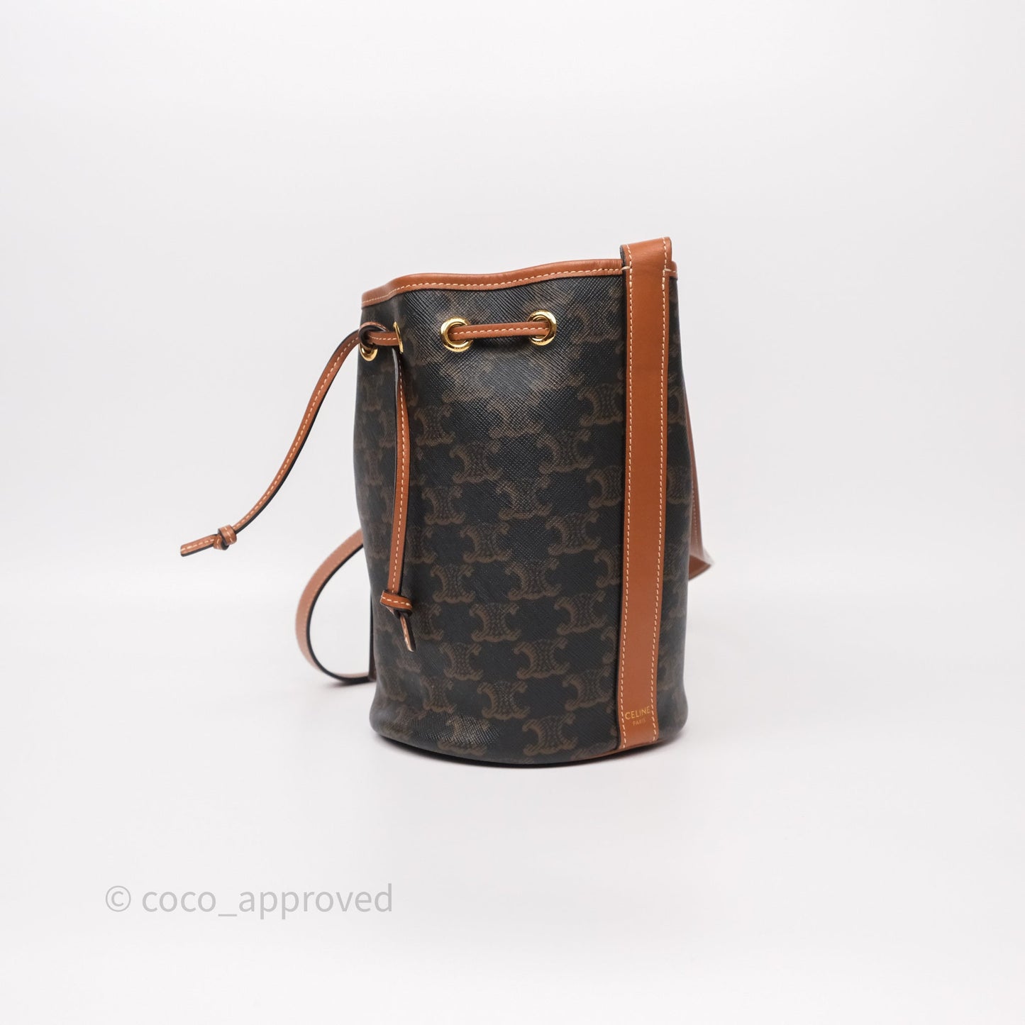 Celine Small Drawstring Bucket Bag Triomphe Canvas Tan Black