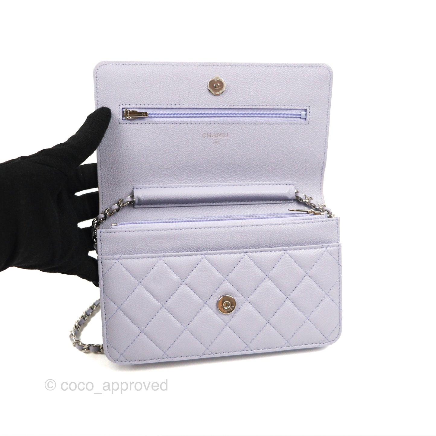 Chanel Quilted Classic Wallet on Chain WOC Lilac Caviar Silver Hardware