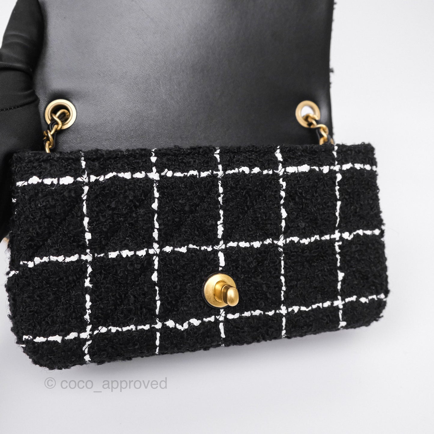 Chanel Pearl Crush Mini Rectangular Grid Black White Tweed Aged Gold Hardware