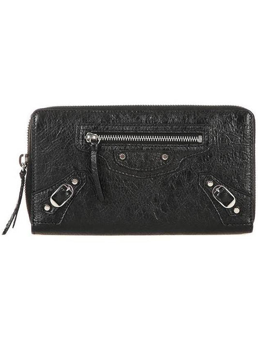 Luxury Balenciaga Classic Motor Silver Zipper Around Long Wallet Black