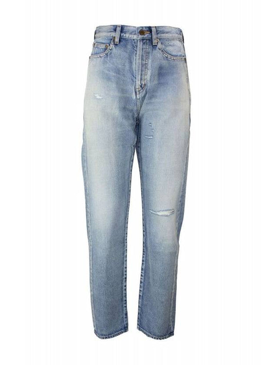 Luxury Saint Laurent Women's Destroyed Washing Denim Jeans Light Blue