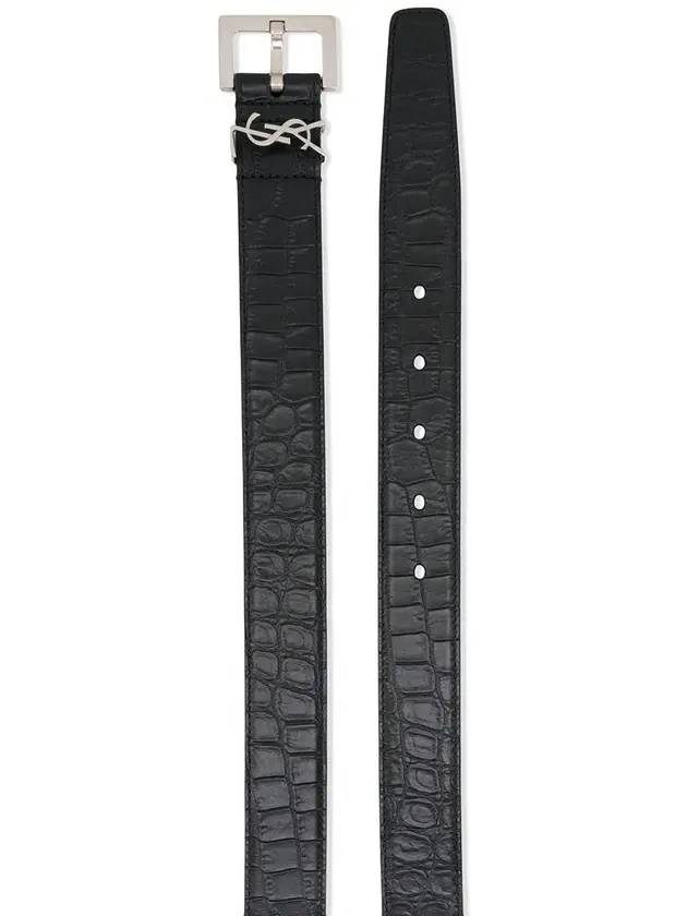 Luxury Saint Laurent Monogram Crocodile Leather Belt Black