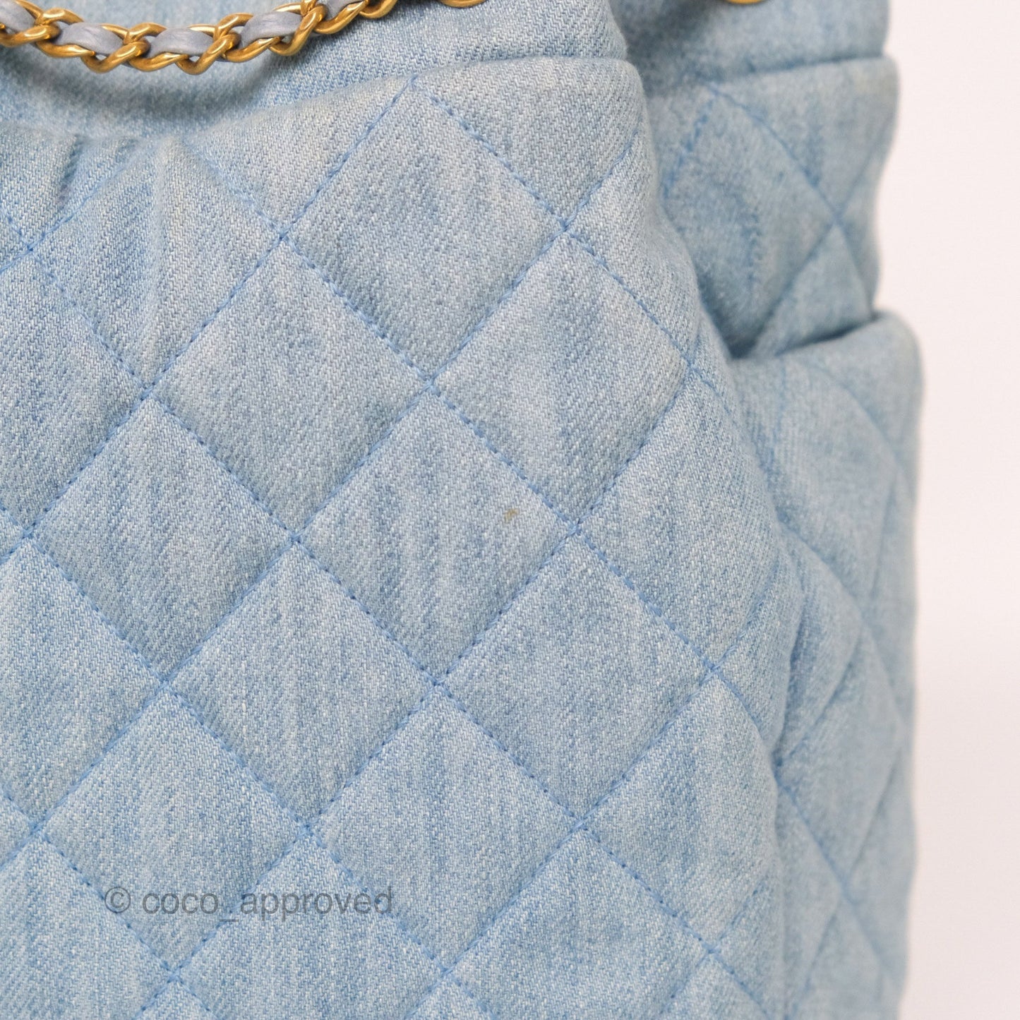 Chanel Drawstring Bucket Bag Denim Blue Aged Gold Hardware