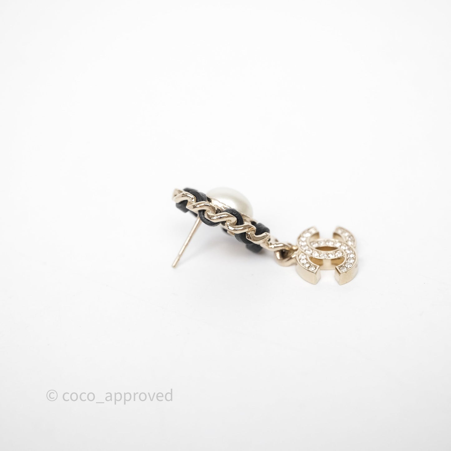 Chanel Oval Pearl Braided Black Leather Drop Crystal CC Earrings Gold Tone 21B