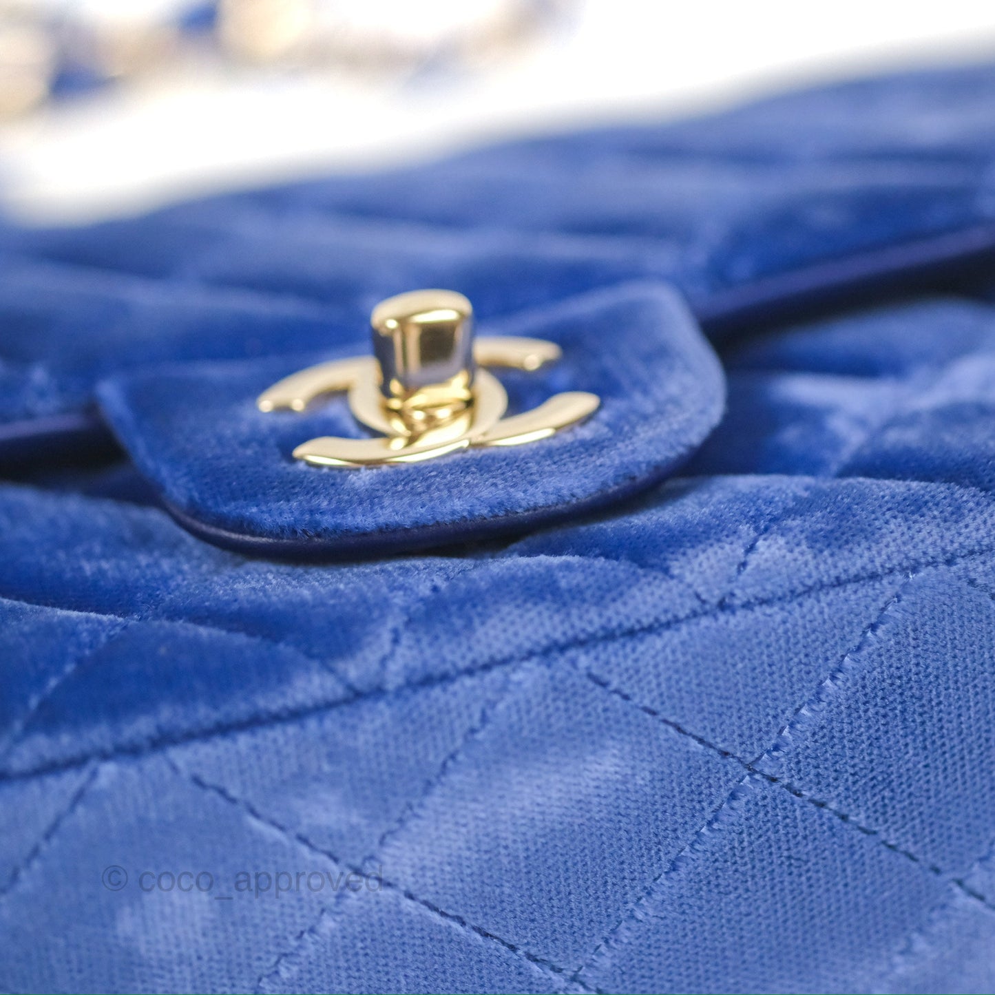 Chanel Quilted Mini Rectangular Flap Blue Velvet Gold Hardware