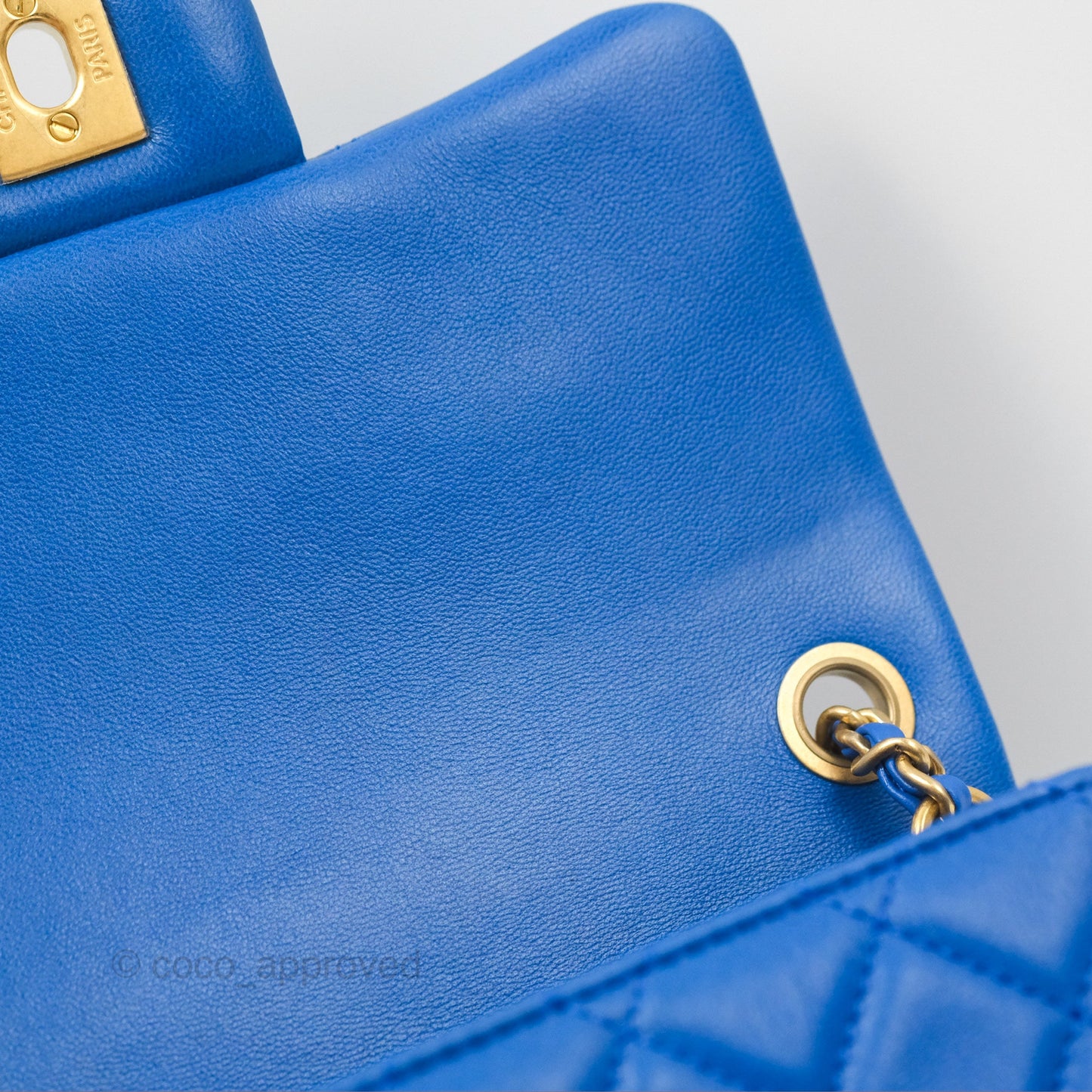Chanel Pearl Crush Mini Square Quilted Blue Lambskin Aged Gold Hardware