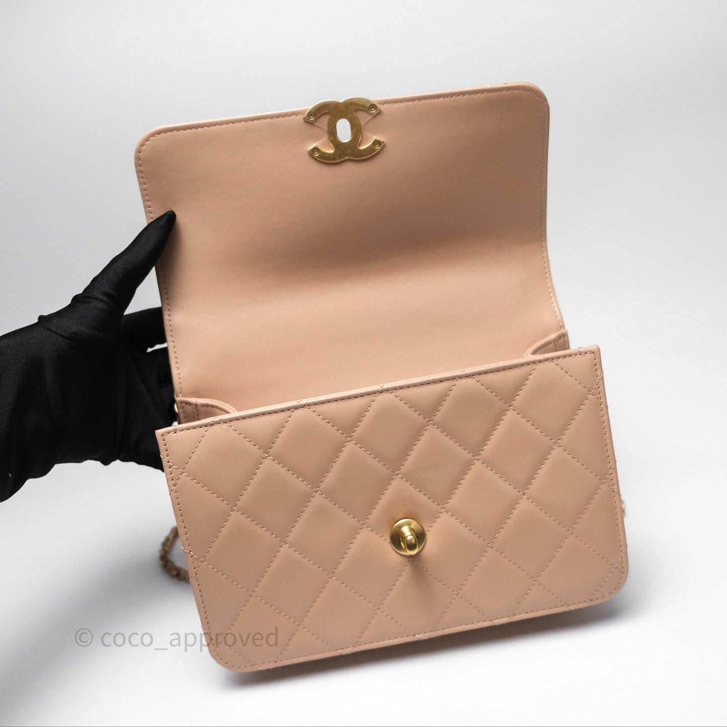 Chanel Quilted Small Perfect Fit Adjustable Beige Calfskin Gold Hardware 21A