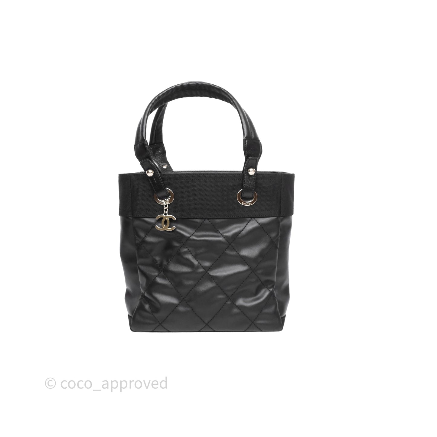 Chanel Quilted Paris Biarritz Tote PM Black Coated Canvas