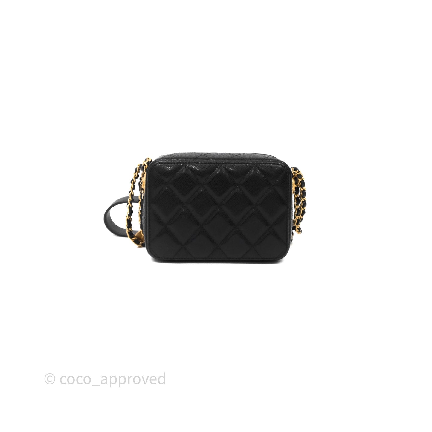 Chanel Quilted CC Coins Purse Chain Camera Case Black Caviar Aged Gold Hardware