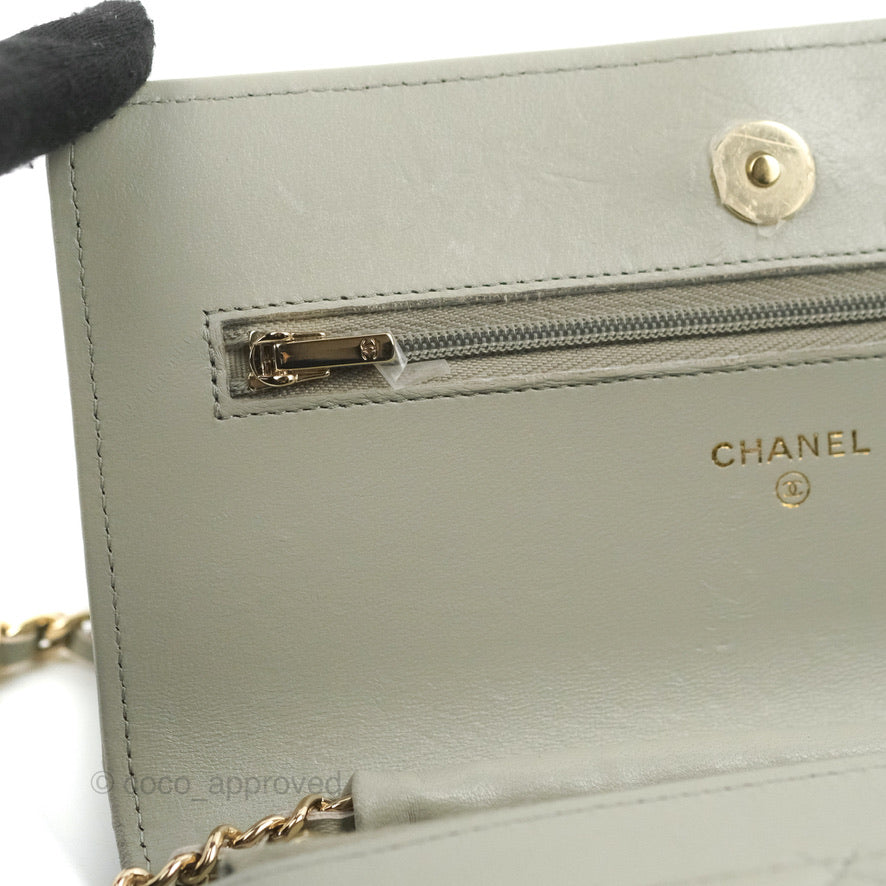 Chanel Quilted Classic Wallet on Chain WOC Light Grey Lambskin Gold Hardware