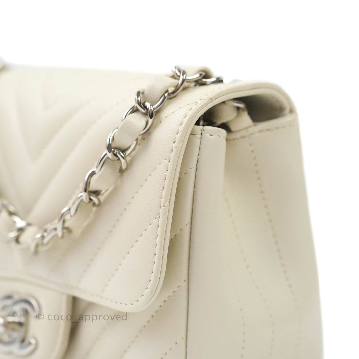 Chanel Mini Square Chevron Ivory Cream Lambskin Silver Hardware