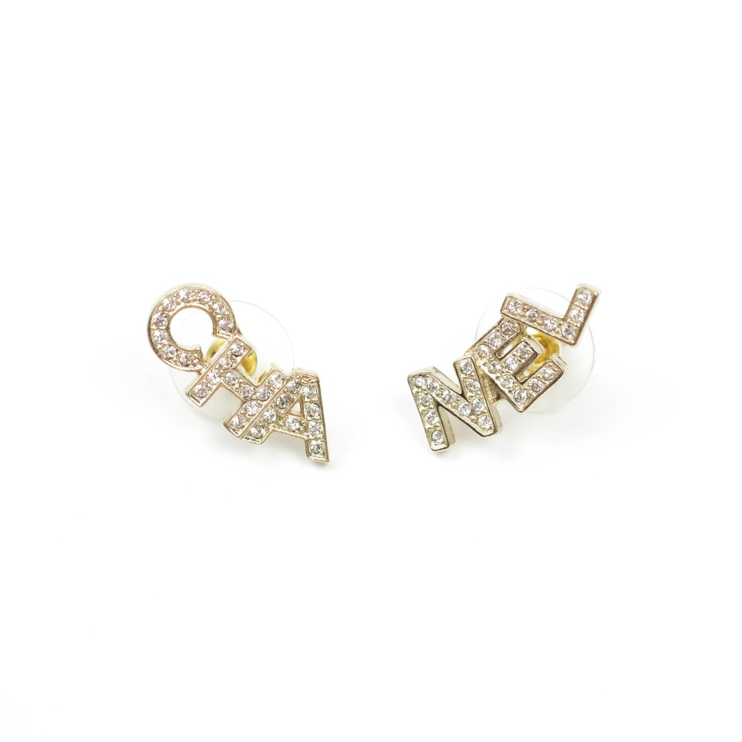 Chanel Crystal Pearl Signature Stud Earrings Gold Tone 21V