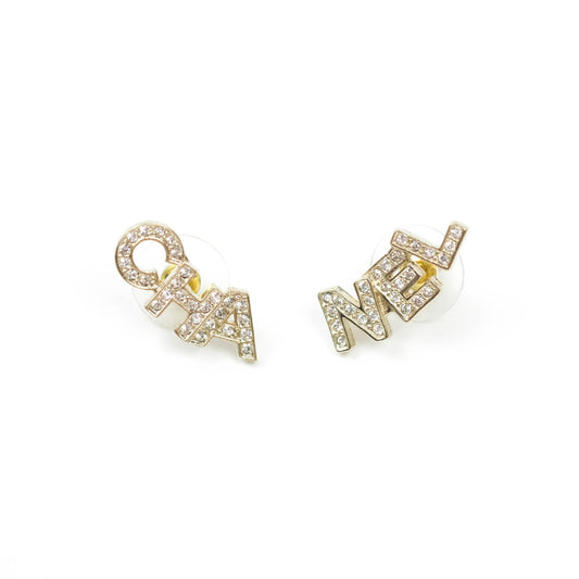 Chanel Crystal Pearl Signature Stud Earrings Gold Tone 21V