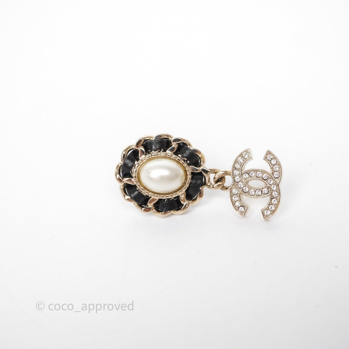 Chanel Oval Pearl Braided Black Leather Drop Crystal CC Earrings Gold Tone 21B